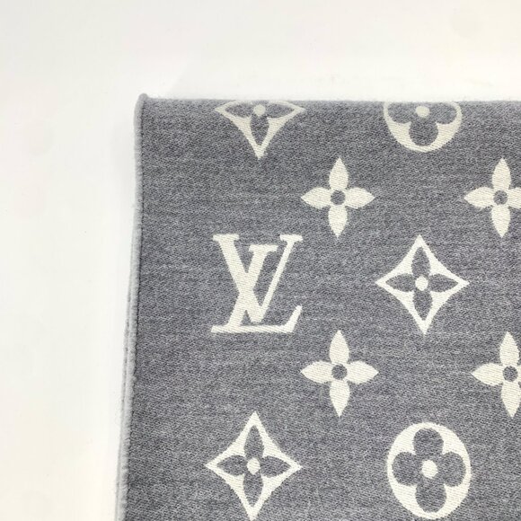 Louis Vuitton Grey Monogram Wool Fringe Scarf - Picture 2 of 9